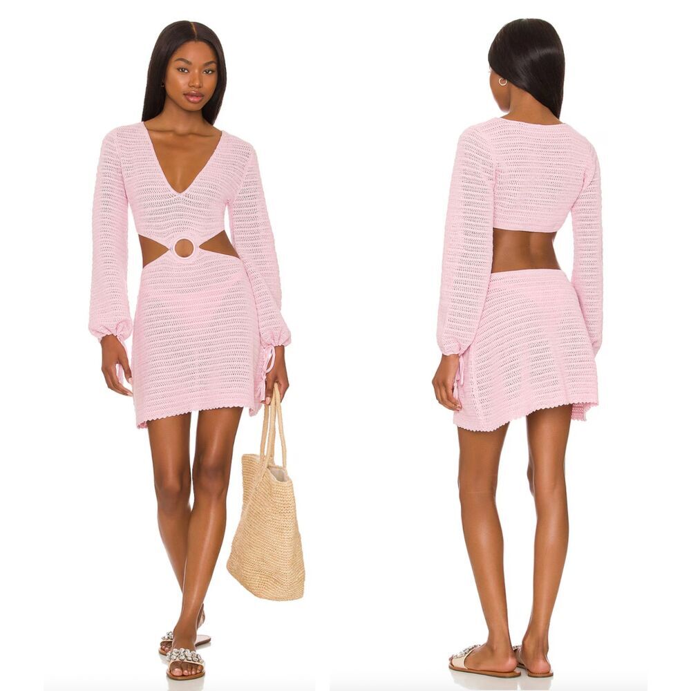 Devon Windsor Crochet Knit Fallon Cut‎ Out Long Sleeve Mini Dress Light Pink XL